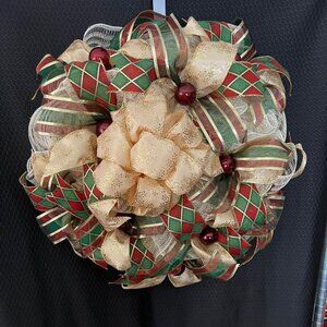 Burgandy Striped Ribbon with a Gold Bow Deco Mesh Wreath